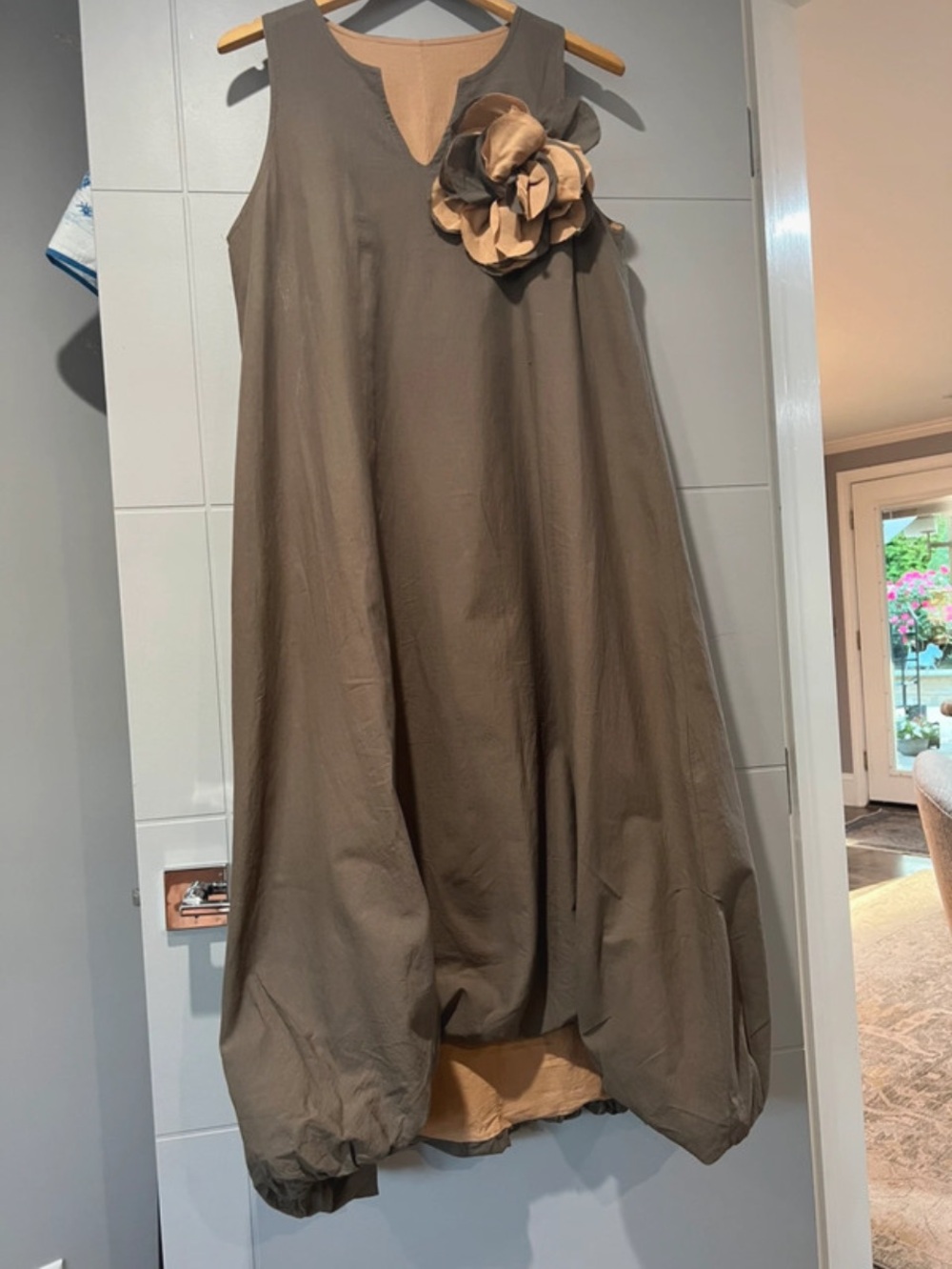 Sleeveless Balloon Hem Dress with Flower Accent - Taupe and Camel